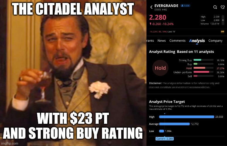 Evergrande | THE CITADEL ANALYST; WITH $23 PT AND STRONG BUY RATING | image tagged in memes,laughing leo | made w/ Imgflip meme maker