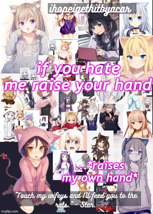 if you hate me raise your hand ;-; | if you hate me raise your hand; ...*raises my own hand* | image tagged in cat girl templateee | made w/ Imgflip meme maker