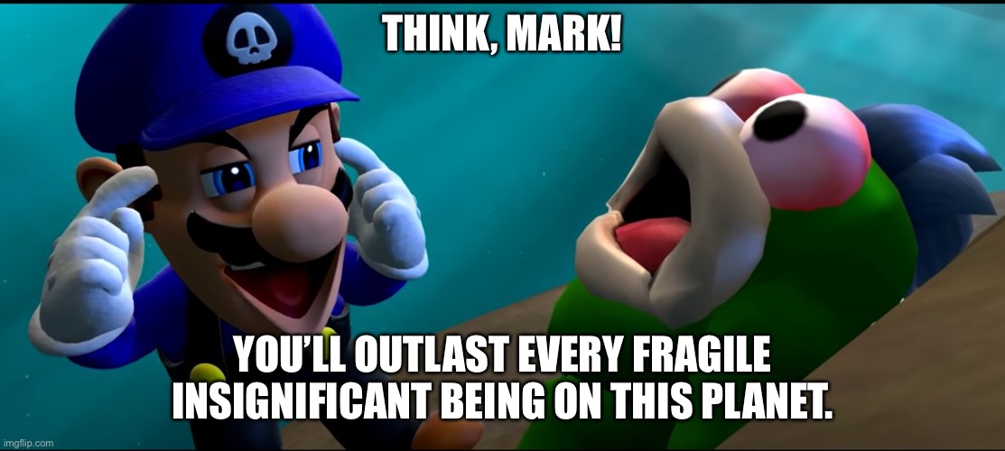 SMG3: Finally a good guy, and has just as good meme material. | THINK, MARK! YOU’LL OUTLAST EVERY FRAGILE INSIGNIFICANT BEING ON THIS PLANET. | image tagged in smg3 think mark,memes,smg4,war of the fat italians,think mark think | made w/ Imgflip meme maker