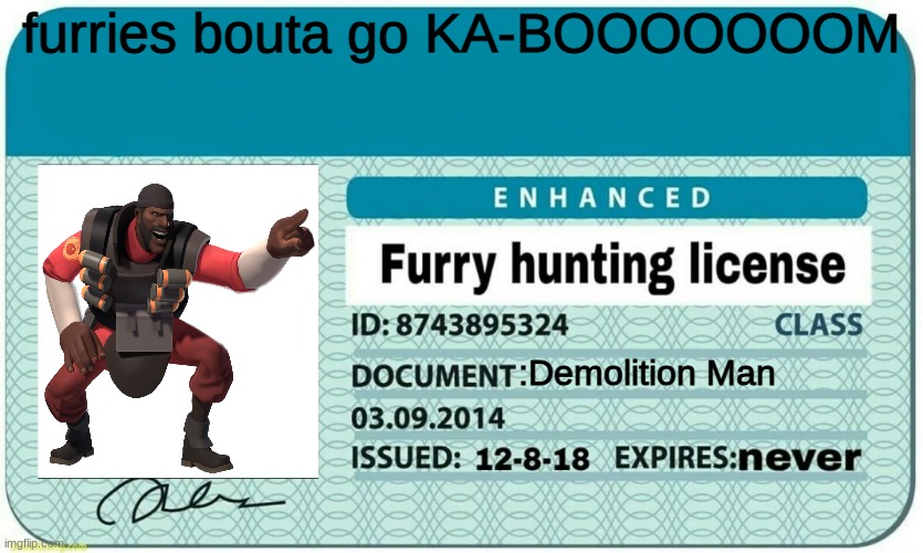 demoman is gonna kill the furries. not me. | furries bouta go KA-BOOOOOOOM; :Demolition Man | image tagged in furry hunting license | made w/ Imgflip meme maker