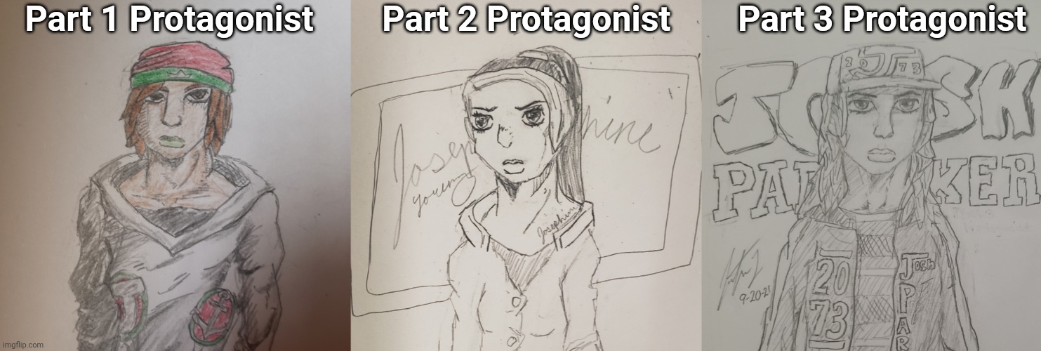 Three of my protagonist in their parts in my AU | Part 1 Protagonist; Part 2 Protagonist; Part 3 Protagonist | made w/ Imgflip meme maker