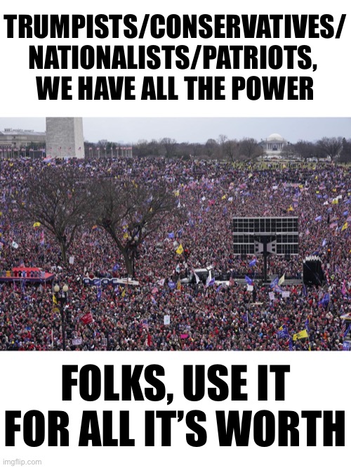 The U.S. patriots have all the power! | TRUMPISTS/CONSERVATIVES/
NATIONALISTS/PATRIOTS, 
WE HAVE ALL THE POWER; FOLKS, USE IT FOR ALL IT’S WORTH | image tagged in trumpists,republican party,patriots,conservatives,president trump,trump wins | made w/ Imgflip meme maker