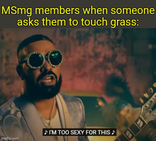 Surreal. | MSmg members when someone asks them to touch grass: | image tagged in i'm too sexy for this | made w/ Imgflip meme maker