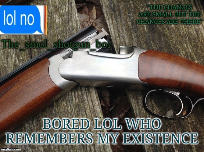 Smol shotgun boi temp | BORED LOL WHO REMEMBERS MY EXISTENCE | image tagged in smol shotgun boi temp | made w/ Imgflip meme maker