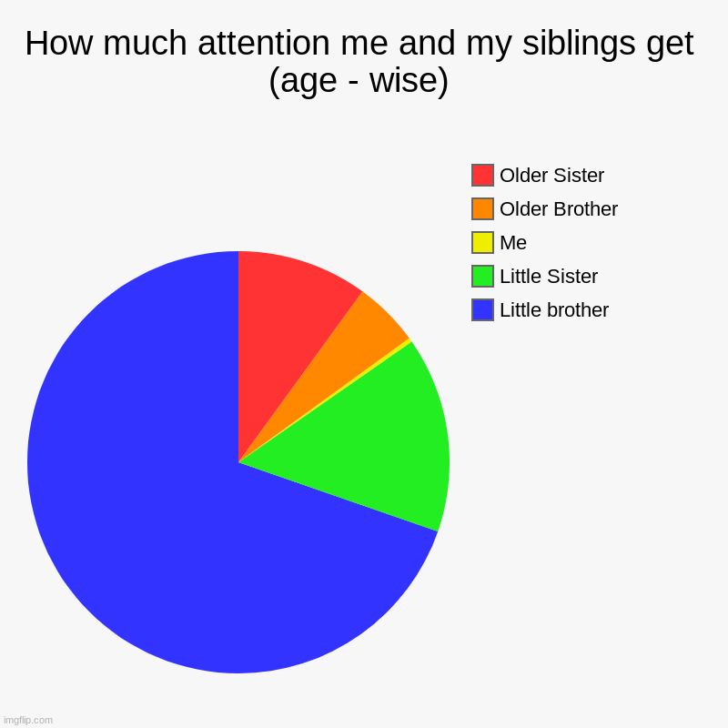 :') | How much attention me and my siblings get (age - wise) | Little brother , Little Sister, Me, Older Brother, Older Sister | image tagged in charts,pie charts | made w/ Imgflip chart maker