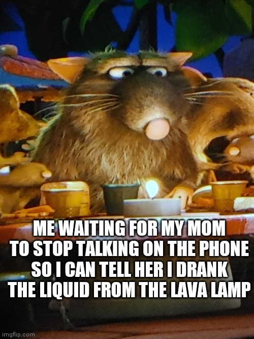 Ill provide backstory behind this template | ME WAITING FOR MY MOM TO STOP TALKING ON THE PHONE SO I CAN TELL HER I DRANK THE LIQUID FROM THE LAVA LAMP | image tagged in ratatouille ride meme template | made w/ Imgflip meme maker