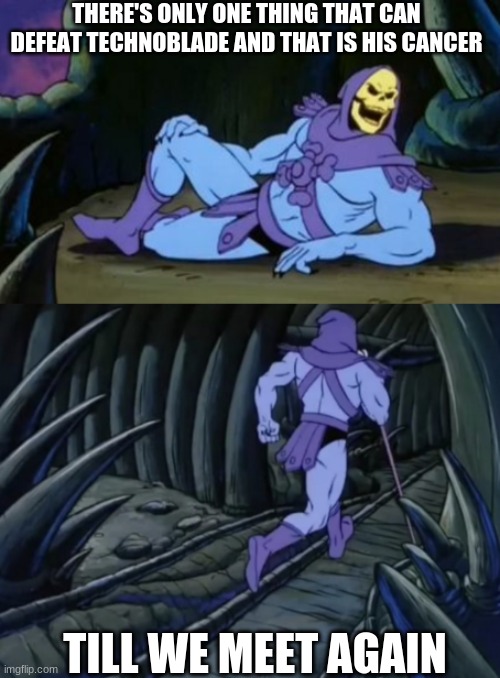 It's true tho | THERE'S ONLY ONE THING THAT CAN DEFEAT TECHNOBLADE AND THAT IS HIS CANCER; TILL WE MEET AGAIN | image tagged in disturbing facts skeletor | made w/ Imgflip meme maker
