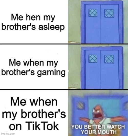 You better watch your mouth | Me hen my brother's asleep; Me when my brother's gaming; Me when my brother's on TikTok | image tagged in you better watch your mouth | made w/ Imgflip meme maker