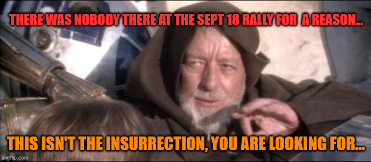 These Aren't The Droids You Were Looking For | THERE WAS NOBODY THERE AT THE SEPT 18 RALLY FOR  A REASON... THIS ISN'T THE INSURRECTION, YOU ARE LOOKING FOR... | image tagged in memes,these aren't the droids you were looking for | made w/ Imgflip meme maker