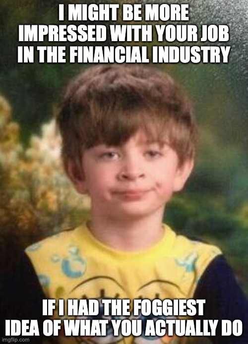 Financial Advisor | I MIGHT BE MORE IMPRESSED WITH YOUR JOB IN THE FINANCIAL INDUSTRY; IF I HAD THE FOGGIEST IDEA OF WHAT YOU ACTUALLY DO | image tagged in not impressed kid | made w/ Imgflip meme maker