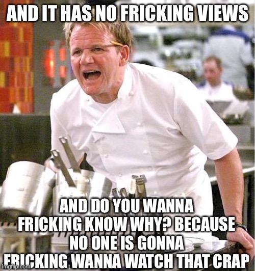 Chef Gordon Ramsay Meme | AND IT HAS NO FRICKING VIEWS AND DO YOU WANNA FRICKING KNOW WHY? BECAUSE NO ONE IS GONNA FRICKING WANNA WATCH THAT CRAP | image tagged in memes,chef gordon ramsay | made w/ Imgflip meme maker