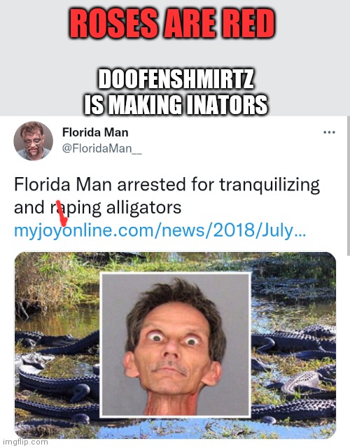 Seriously why | ROSES ARE RED; DOOFENSHMIRTZ IS MAKING INATORS | image tagged in florida man | made w/ Imgflip meme maker