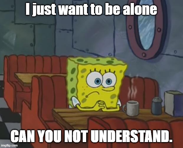 Spongebob Waiting | I just want to be alone; CAN YOU NOT UNDERSTAND. | image tagged in spongebob waiting | made w/ Imgflip meme maker