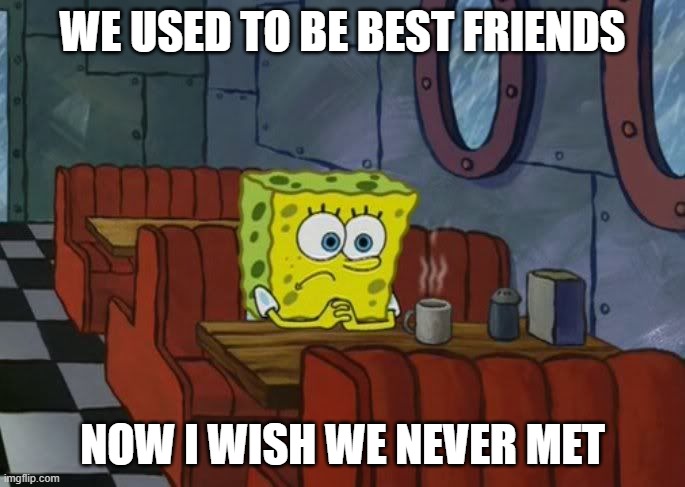 That's life | WE USED TO BE BEST FRIENDS; NOW I WISH WE NEVER MET | image tagged in sad spongebob | made w/ Imgflip meme maker