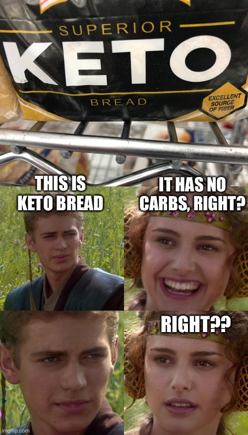 Keto bread? No carbs, right? | IT HAS NO CARBS, RIGHT? THIS IS KETO BREAD; RIGHT?? | image tagged in anakin padme 4 panel,keto bread,no carbs | made w/ Imgflip meme maker