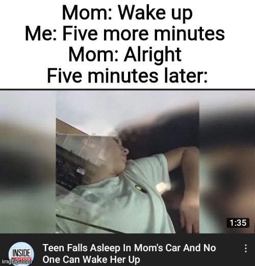 Z | Mom: Wake up
Me: Five more minutes 
Mom: Alright 
Five minutes later: | image tagged in sleep,brain before sleep | made w/ Imgflip meme maker