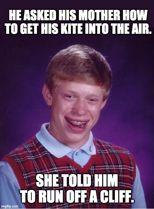 Brian | HE ASKED HIS MOTHER HOW TO GET HIS KITE INTO THE AIR. SHE TOLD HIM TO RUN OFF A CLIFF. | image tagged in memes,bad luck brian | made w/ Imgflip meme maker