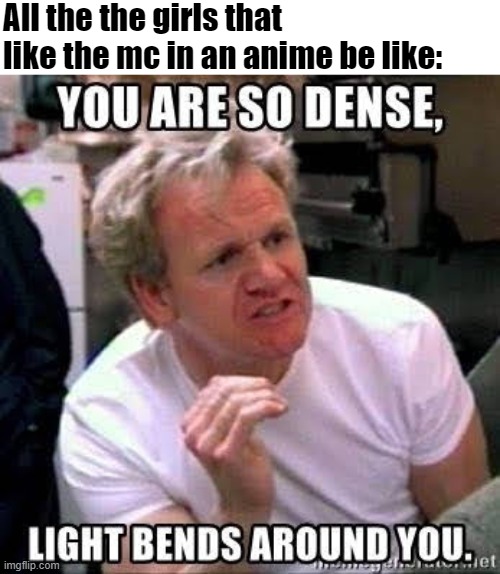 Dense af | All the the girls that like the mc in an anime be like: | image tagged in chef gordon ramsay,anime meme,memes | made w/ Imgflip meme maker