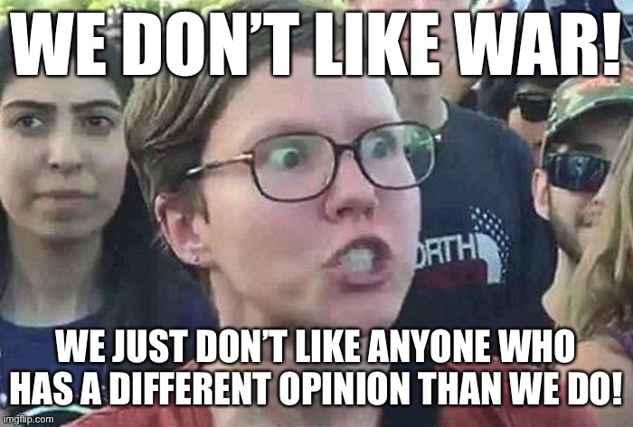 in other words, “We don’t like violence. So agree with us or we will be violent.” | WE DON’T LIKE WAR! WE JUST DON’T LIKE ANYONE WHO HAS A DIFFERENT OPINION THAN WE DO! | image tagged in triggered liberal,violence,funny,contradiction,politics,leftists | made w/ Imgflip meme maker