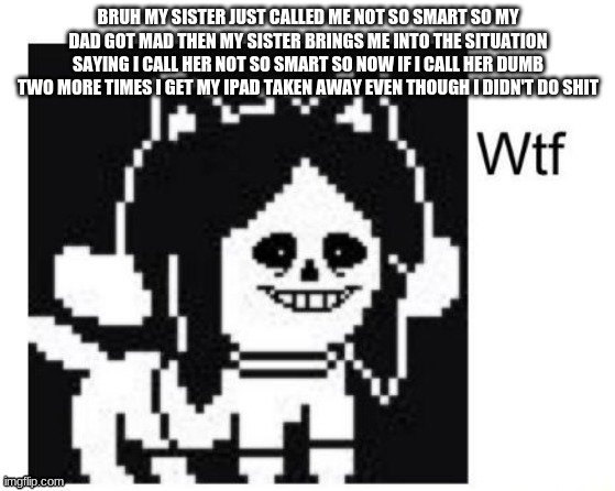 She is so annoying | BRUH MY SISTER JUST CALLED ME NOT SO SMART SO MY DAD GOT MAD THEN MY SISTER BRINGS ME INTO THE SITUATION SAYING I CALL HER NOT SO SMART SO NOW IF I CALL HER DUMB TWO MORE TIMES I GET MY IPAD TAKEN AWAY EVEN THOUGH I DIDN'T DO SHIT | image tagged in wtf | made w/ Imgflip meme maker