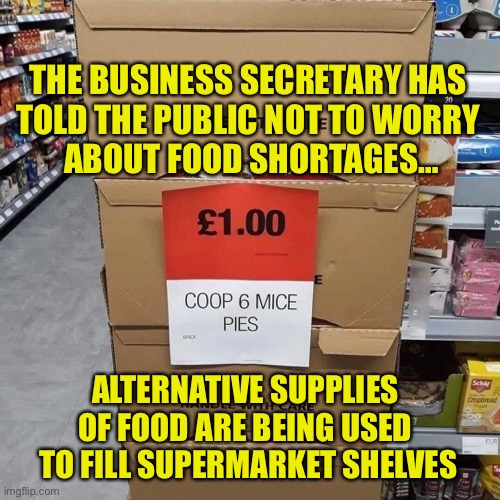 Are they blind, that’s the question? | THE BUSINESS SECRETARY HAS 
TOLD THE PUBLIC NOT TO WORRY 
ABOUT FOOD SHORTAGES…; ALTERNATIVE SUPPLIES 
OF FOOD ARE BEING USED 
TO FILL SUPERMARKET SHELVES | image tagged in uk,political,satire,food,shortage,mice | made w/ Imgflip meme maker