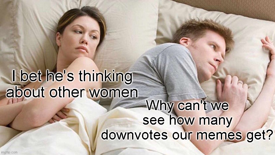 how many downvotes? | I bet he's thinking about other women; Why can't we see how many downvotes our memes get? | image tagged in memes,i bet he's thinking about other women,downvote | made w/ Imgflip meme maker