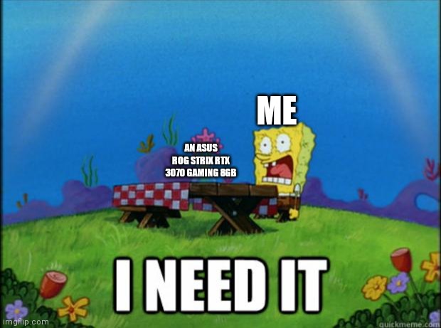 I need the Asus ROG Strix RTX 3070 Gaming 8GB for my PC Build BADLY :( | ME; AN ASUS ROG STRIX RTX 3070 GAMING 8GB | image tagged in spongebob i need it,pc gaming | made w/ Imgflip meme maker