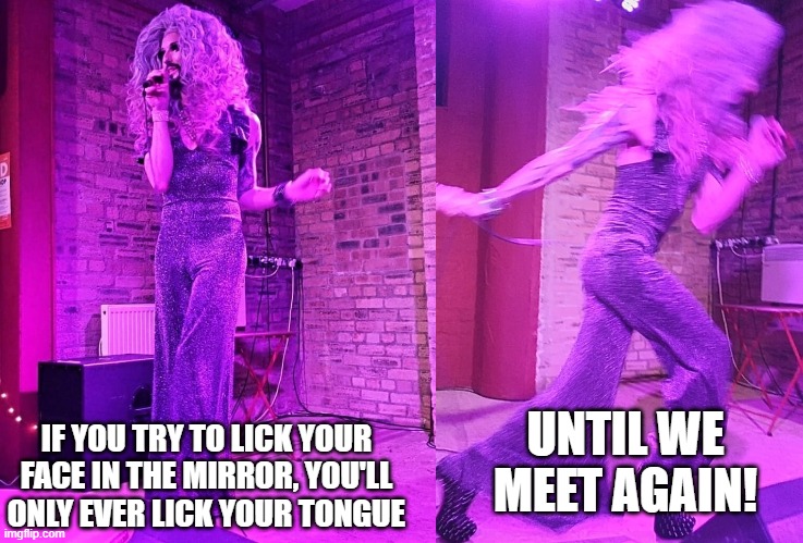I almost tripped over my own flares on stage - might as well make something good of the fact it was caught on camera! | IF YOU TRY TO LICK YOUR FACE IN THE MIRROR, YOU'LL ONLY EVER LICK YOUR TONGUE; UNTIL WE MEET AGAIN! | image tagged in disturbing facts skeletor,drag queen,lgbtq,mirror,until we meet again | made w/ Imgflip meme maker