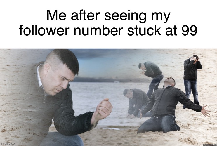 AHHH | Me after seeing my follower number stuck at 99 | image tagged in guy with sand in the hands of despair | made w/ Imgflip meme maker
