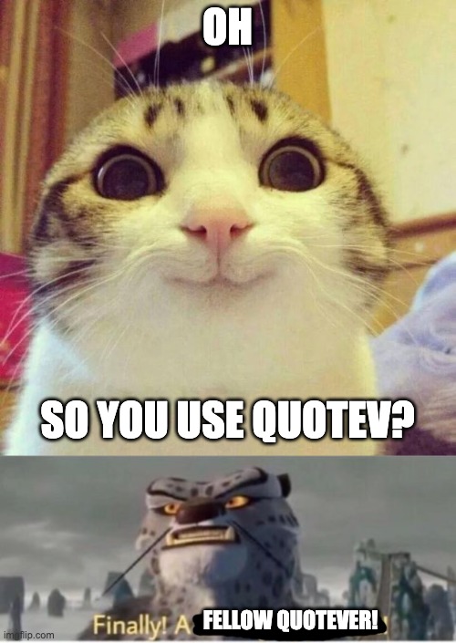 OH SO YOU USE QUOTEV? FELLOW QUOTEVER! | image tagged in memes,smiling cat,finally a worthy opponent | made w/ Imgflip meme maker