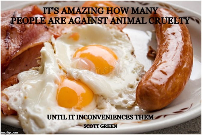 Inconvenient |  dreamstime/minkpen | image tagged in vegan,bacon,sausages,eggs,milk,compassion | made w/ Imgflip meme maker