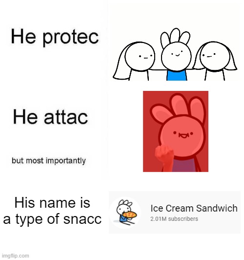 ice cream sandwich | His name is a type of snacc | image tagged in he protec he attac but most importantly | made w/ Imgflip meme maker