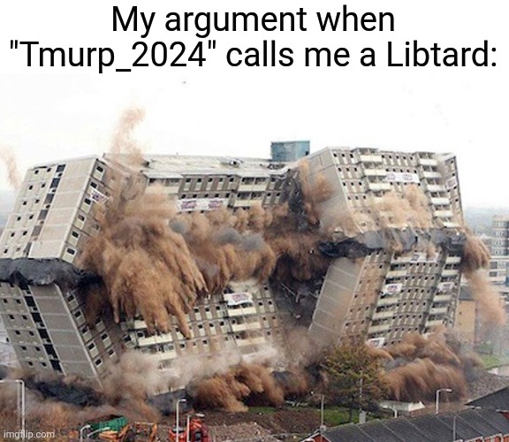 And yes I misspelled Trump on purpose. | My argument when "Tmurp_2024" calls me a Libtard: | image tagged in building collapses | made w/ Imgflip meme maker