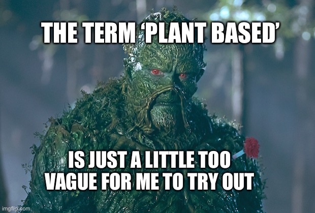 Swamp thing | THE TERM ‘PLANT BASED’; IS JUST A LITTLE TOO VAGUE FOR ME TO TRY OUT | image tagged in swamp thing | made w/ Imgflip meme maker