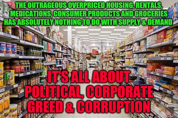 grocery aisle | THE OUTRAGEOUS OVERPRICED HOUSING, RENTALS, MEDICATIONS, CONSUMER PRODUCTS AND GROCERIES HAS ABSOLUTELY NOTHING TO DO WITH SUPPLY & DEMAND; IT'S ALL ABOUT POLITICAL, CORPORATE  GREED & CORRUPTION | image tagged in grocery aisle | made w/ Imgflip meme maker