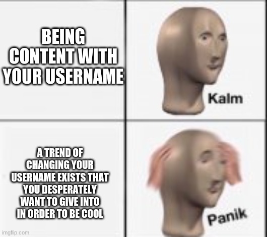 what do i do | BEING CONTENT WITH YOUR USERNAME; A TREND OF CHANGING YOUR USERNAME EXISTS THAT YOU DESPERATELY WANT TO GIVE INTO IN ORDER TO BE COOL | image tagged in kalm panick | made w/ Imgflip meme maker