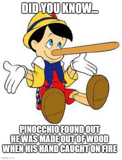 Burning | DID YOU KNOW... PINOCCHIO FOUND OUT HE WAS MADE OUT OF WOOD WHEN HIS HAND CAUGHT ON FIRE | image tagged in pinocchio | made w/ Imgflip meme maker