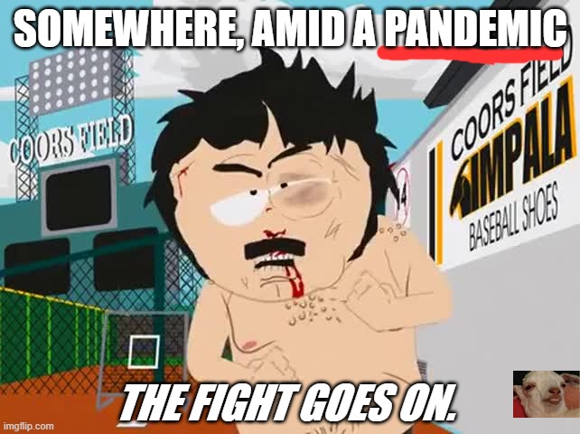 Rough week? I feel you... | SOMEWHERE, AMID A PANDEMIC; THE FIGHT GOES ON. | image tagged in i didn't hear no bell | made w/ Imgflip meme maker