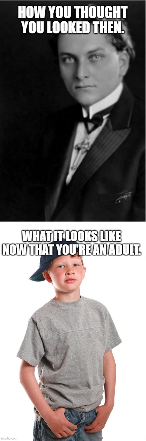 School Photographs | HOW YOU THOUGHT YOU LOOKED THEN. WHAT IT LOOKS LIKE NOW THAT YOU'RE AN ADULT. | image tagged in manly p hall,internet tough guy | made w/ Imgflip meme maker