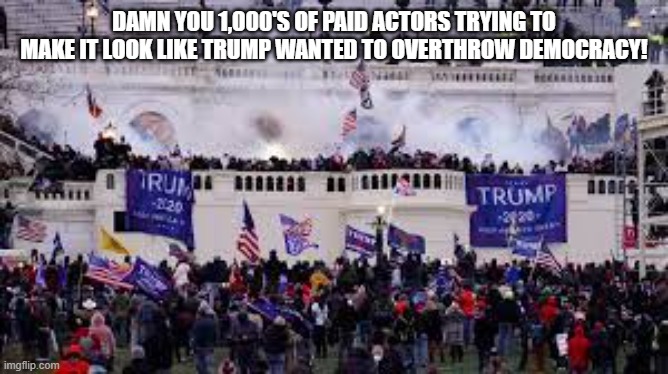 paid actors find new work | DAMN YOU 1,000'S OF PAID ACTORS TRYING TO MAKE IT LOOK LIKE TRUMP WANTED TO OVERTHROW DEMOCRACY! | image tagged in insurrection trump | made w/ Imgflip meme maker