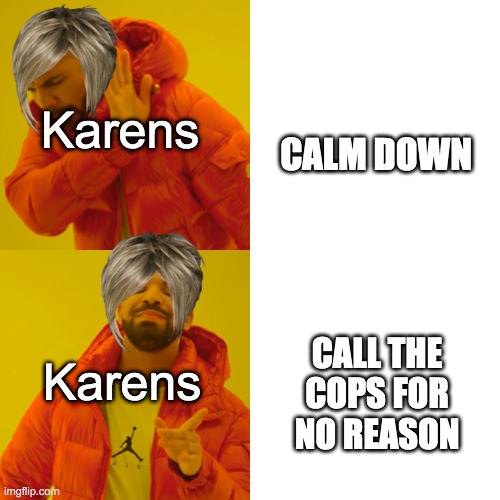 Drake Hotline Bling | Karens; CALM DOWN; Karens; CALL THE COPS FOR NO REASON | image tagged in memes,drake hotline bling | made w/ Imgflip meme maker