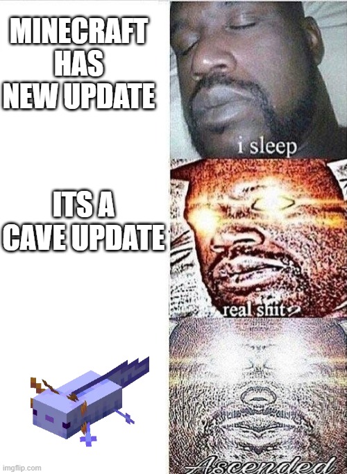 cave and cliff woke up Shaq | MINECRAFT HAS NEW UPDATE; ITS A CAVE UPDATE | image tagged in i sleep real shit ascended | made w/ Imgflip meme maker