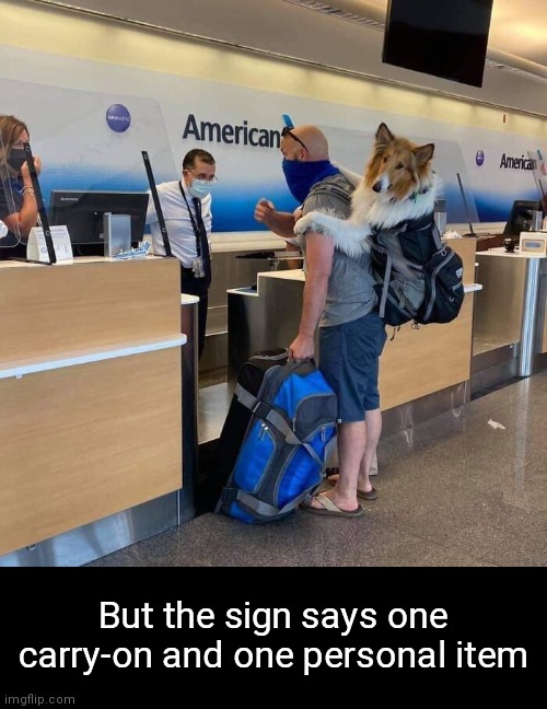 That's Not How It Works, Son | But the sign says one carry-on and one personal item | image tagged in funny memes,travel | made w/ Imgflip meme maker