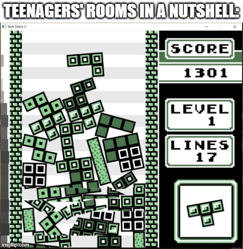 Teenager's rooms | TEENAGERS' ROOMS IN A NUTSHELL: | image tagged in chaos tetris,teenagers,messy room | made w/ Imgflip meme maker