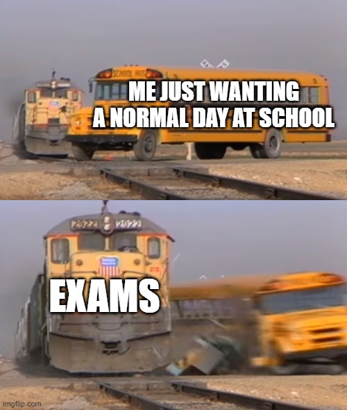 OK | ME JUST WANTING A NORMAL DAY AT SCHOOL; EXAMS | image tagged in a train hitting a school bus | made w/ Imgflip meme maker