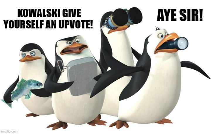 penquines | KOWALSKI GIVE YOURSELF AN UPVOTE! AYE SIR! | image tagged in penquines | made w/ Imgflip meme maker
