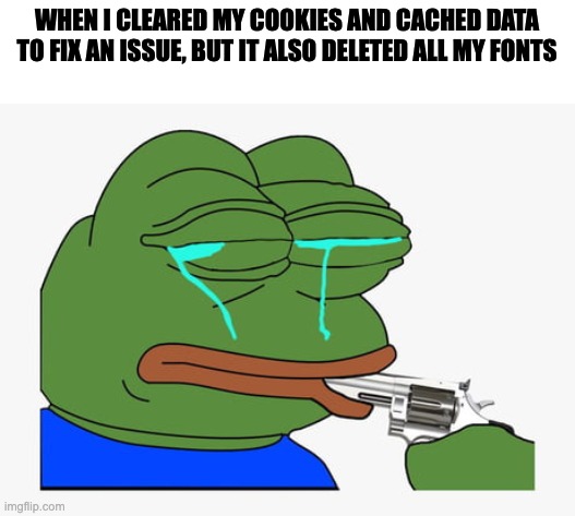 shoot me | WHEN I CLEARED MY COOKIES AND CACHED DATA TO FIX AN ISSUE, BUT IT ALSO DELETED ALL MY FONTS | image tagged in pepe suicide | made w/ Imgflip meme maker