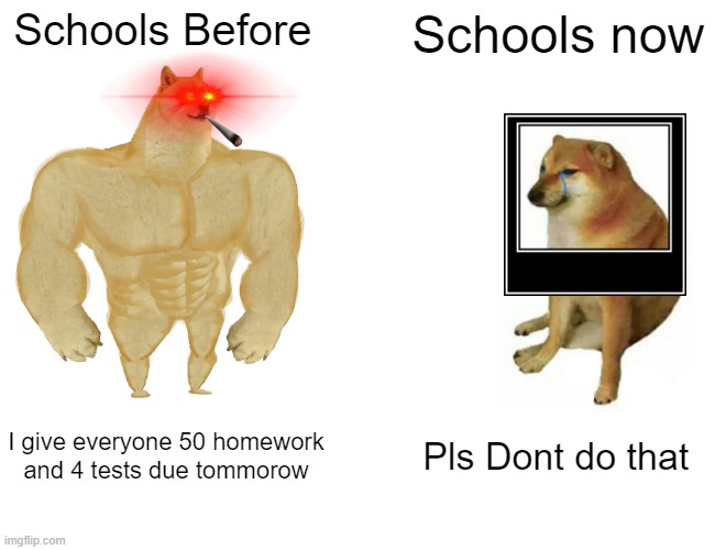 Buff Doge vs. Cheems | Schools Before; Schools now; I give everyone 50 homework and 4 tests due tommorow; Pls Dont do that | image tagged in memes,buff doge vs cheems | made w/ Imgflip meme maker