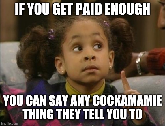 raven symone | IF YOU GET PAID ENOUGH YOU CAN SAY ANY COCKAMAMIE THING THEY TELL YOU TO | image tagged in raven symone | made w/ Imgflip meme maker