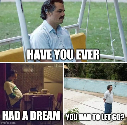 Sad Pablo Escobar | HAVE YOU EVER; HAD A DREAM; YOU HAD TO LET GO? | image tagged in memes,sad pablo escobar | made w/ Imgflip meme maker